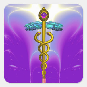 Adesivo Quadrado OURO CADUCEUS Símbolo Médico Vibrante Roxo Teal