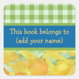 Adesivo Quadrado Ouro Daffodils e Gingham Bookplate