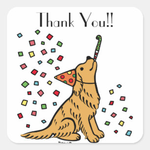 Adesivo Quadrado Ouro De Aniversário - Cartum De Retriever Obrigad