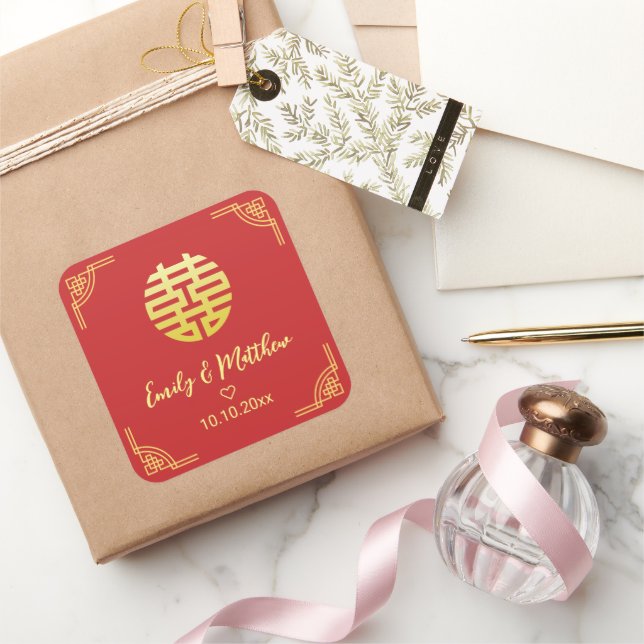 Adesivo Quadrado Ouro de casamento chinês duplo xi (Presentear)
