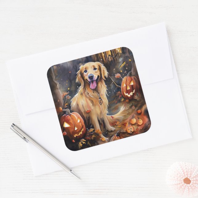 Adesivo Quadrado Ouro De Halloween Retriever Com Pumpkins Assustado (Envelope)