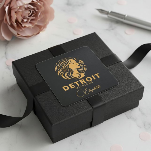 Adesivo Quadrado Ouro Detroit Michigan Lady Sticker (Custom Detroit Michigan Golden Lady Sticker)