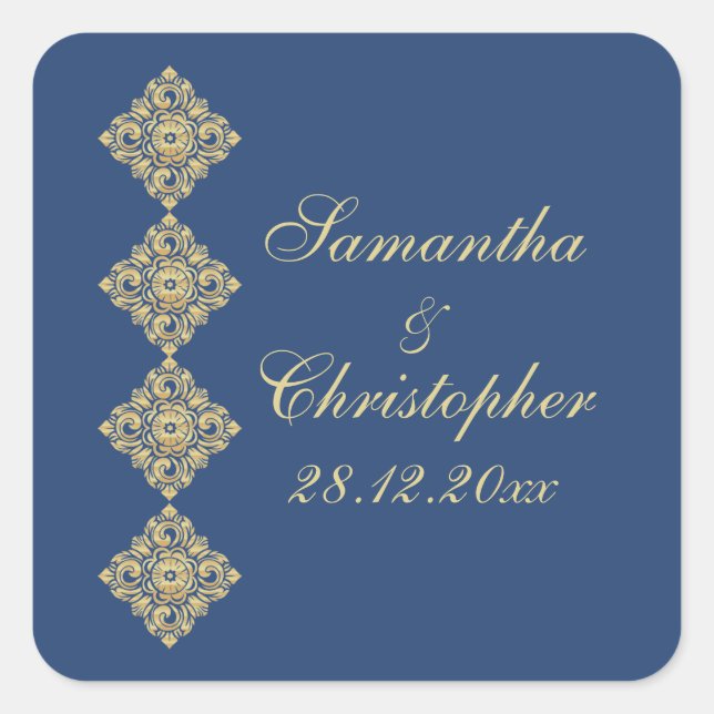Adesivo Quadrado Ouro Diamond Damask Blue Weding (Frente)
