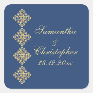 Adesivo Quadrado Ouro Diamond Damask Blue Weding