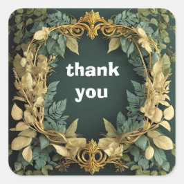 Adesivo Quadrado ouro e folhas verdes moldura obrigado