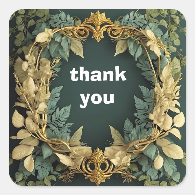 Adesivo Quadrado ouro e folhas verdes quadro obrigado você (Frente)