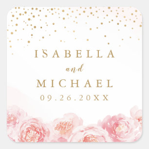 Adesivo Quadrado Ouro elegante e favor de casamento floral cor-de-r