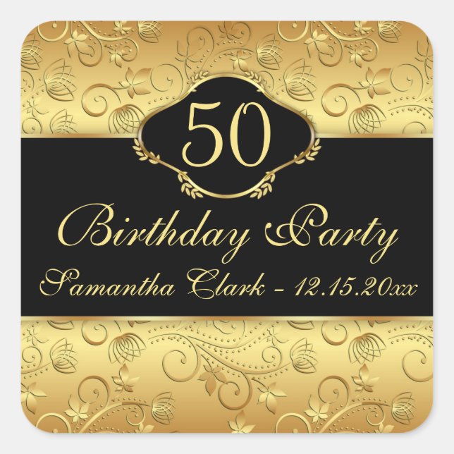 Adesivo Quadrado Ouro floral 50ª Festa de aniversário (Frente)