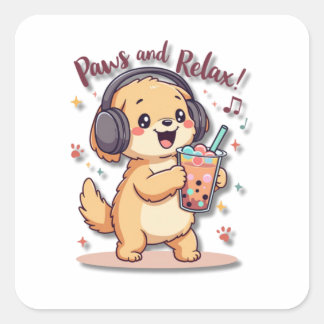 Adesivo Quadrado Ouro Kawaii Retriever Dançando com Fones de ouvido