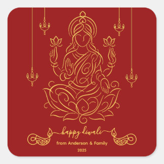 Adesivo Quadrado Ouro Line Art of Goddese Lakshmi on Lotus