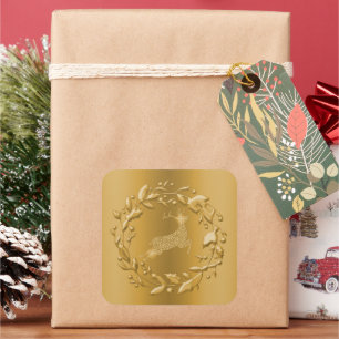 Adesivo Quadrado Ouro Reindeer e Wreath no Natal