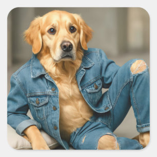 Adesivo Quadrado Ouro Retriever Posicionando em Jeans Azuis