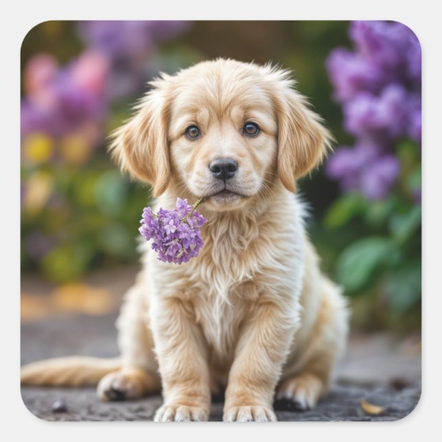 Adesivo Quadrado Ouro Retriever Puppy Com Lilacs (Frente)