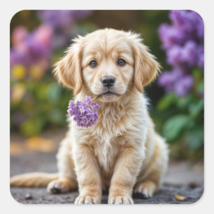 Adesivo Quadrado Ouro Retriever Puppy Com Lilacs