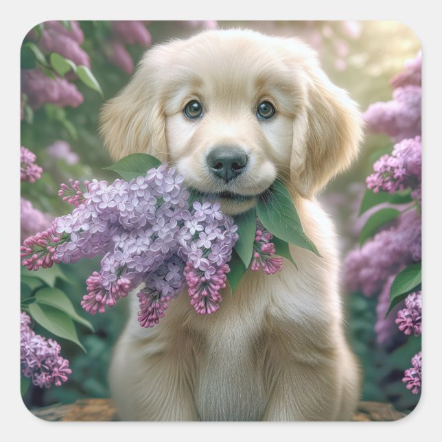 Adesivo Quadrado Ouro Retriever Puppy Com Lilacs (Frente)