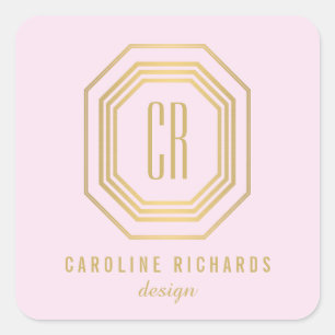 Adesivo Quadrado Ouro/rosa do monograma do art deco do vintage