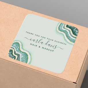 Adesivo Quadrado Ouro Teal Brilho Geodo de Ágata Obrigado Negócios