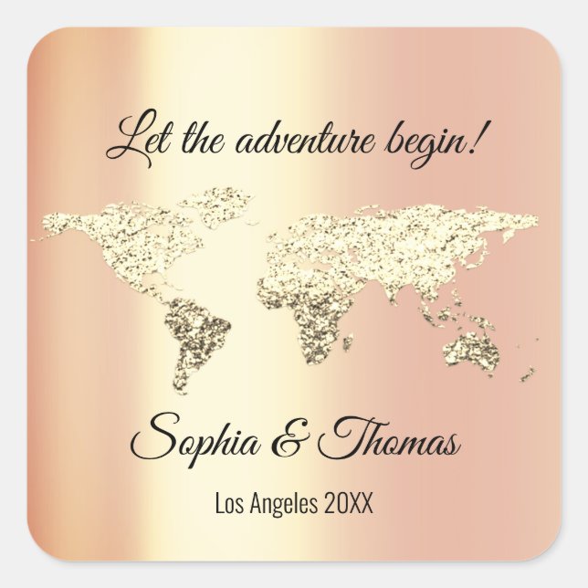 Adesivo Quadrado Ouro Terra Coral do Mapa Mundial de Casamento (Frente)