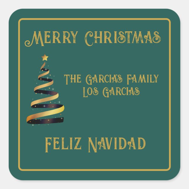 Adesivo Quadrado Ouro Verde de Natal Bilíngue Feliz Navidad (Frente)
