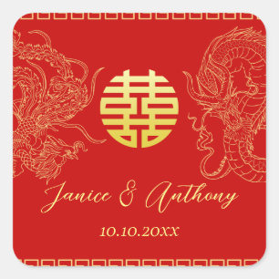 Adesivo Quadrado Ouro vermelho dragão fênix casamento chinês