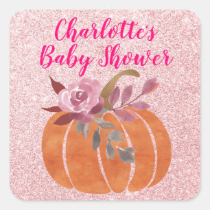 Adesivo Quadrado Outono Floral Abóbora Baby Shower Rosa Dourado