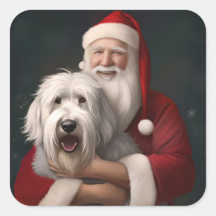 Adesivo Quadrado Ovelha Cachorro Inglês com Papai Noel Festivo