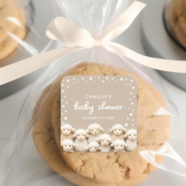 Adesivo Quadrado Ovinos Chá de fraldas Neutro por Gênero (Cute Little Lamb Baby Shower Favor Sticker)