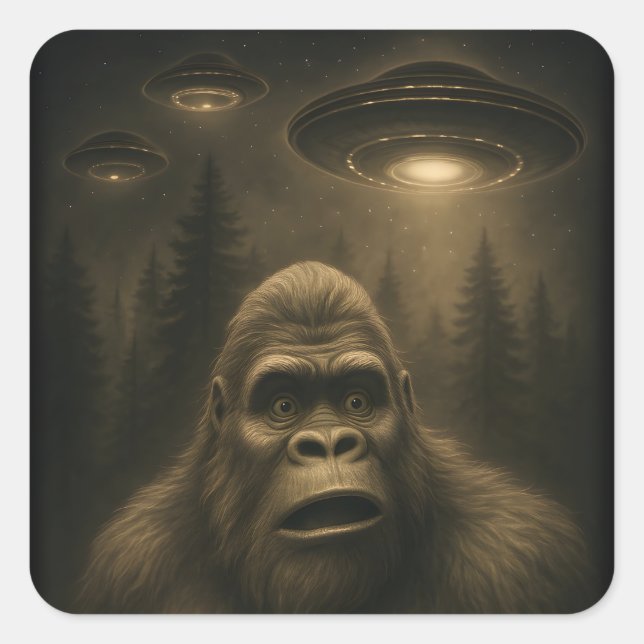 Adesivo Quadrado OVNI Alienígena Sasquatch Pé Grande (Frente)