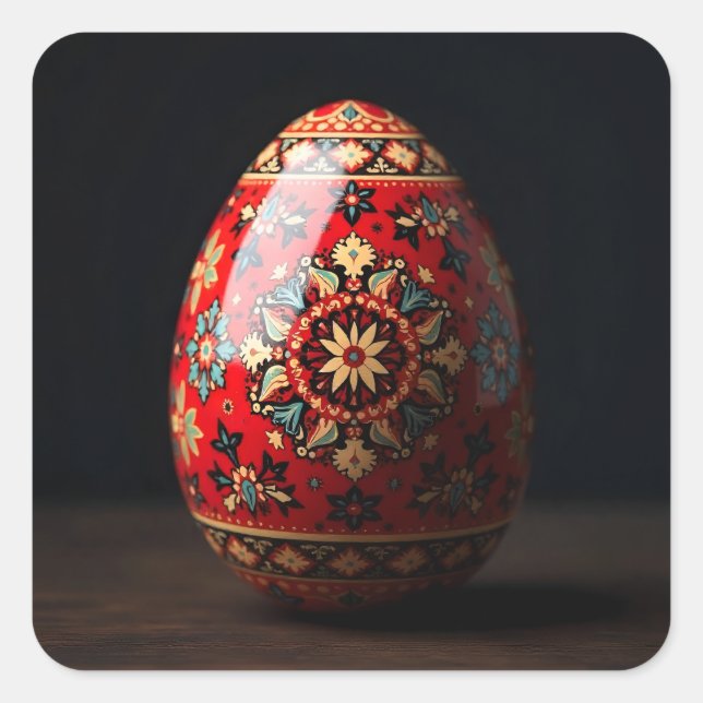 Adesivo Quadrado Ovo de Páscoa em Tapeçaria Vermelha (Frente)
