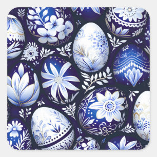 Adesivo Quadrado Ovo de Páscoa Floral Azul Escandinavo