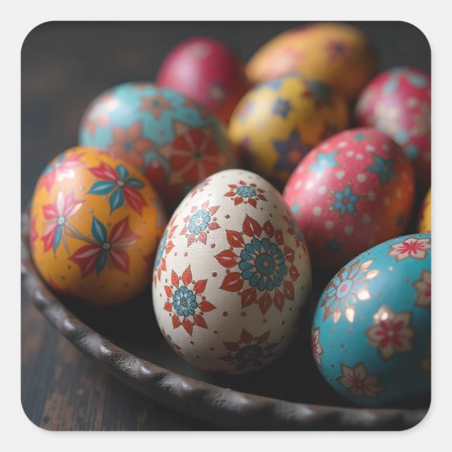 Adesivo Quadrado Ovos de Páscoa Pintados em uma Tigela Rústica (Frente)