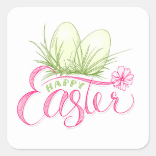 Adesivo Quadrado Ovos Verdes Cor-de-Rosa felz pascoa