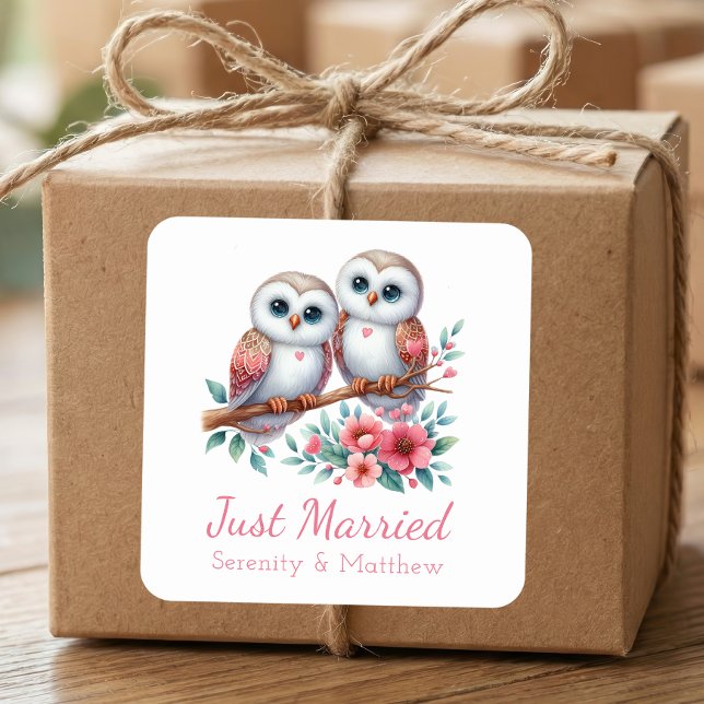 Adesivo Quadrado Owl Boho Rustic Country Woodland Just Married (Criador carregado)