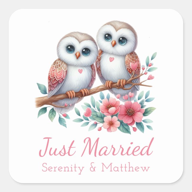 Adesivo Quadrado Owl Boho Rustic Country Woodland Just Married (Frente)