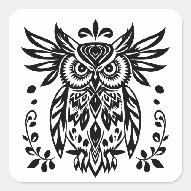 Adesivo Quadrado Owl Lovers Rustic Woodlands Black White Bohemian  (Frente)