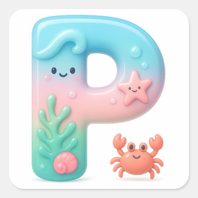 Adesivo Quadrado "P" Cute Letter - Underwater Sea Creature  (Frente)