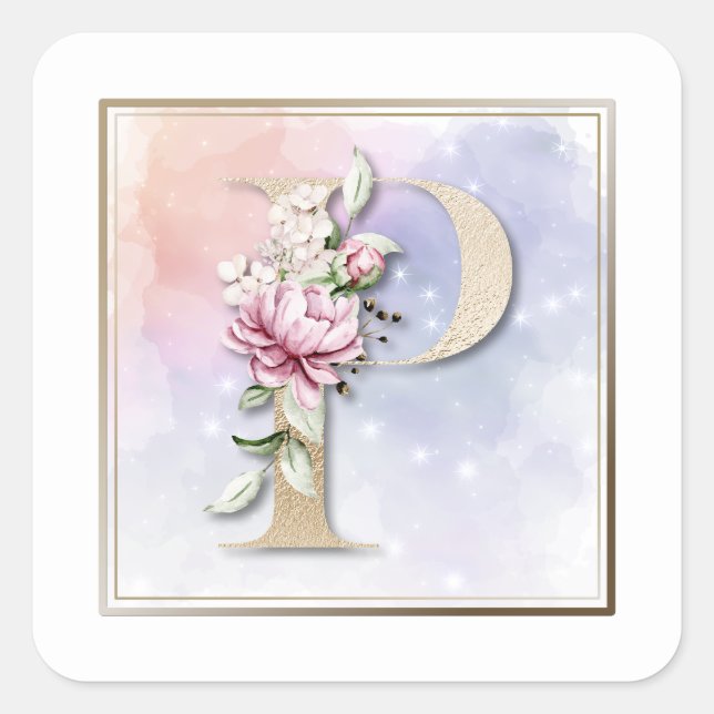 Adesivo Quadrado P Monograma Burgundy Floral Square Sticker (Frente)