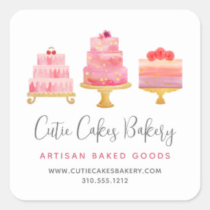 Adesivo Quadrado Padaria 3 Bolos Rosa Bege Sobremesa Chef de Pastel