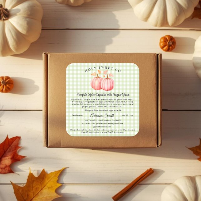 Adesivo Quadrado Padaria de Gingham de Abóbora Rosa Culinária Casei (Pink Pumpkin and green gingham Cottage Law Bakery Sticker)