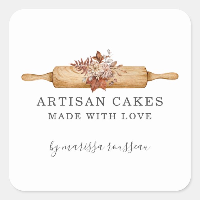 Adesivo Quadrado Padaria Pastelaria Chef Aquarela Floral Rolagem Pi (Frente)