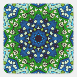 Adesivo Quadrado Padrão Azul Verde-Mosaico Mandala Retro
