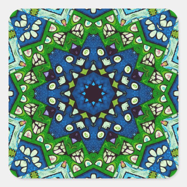 Adesivo Quadrado Padrão Azul Verde-Mosaico Mandala Retro (Frente)