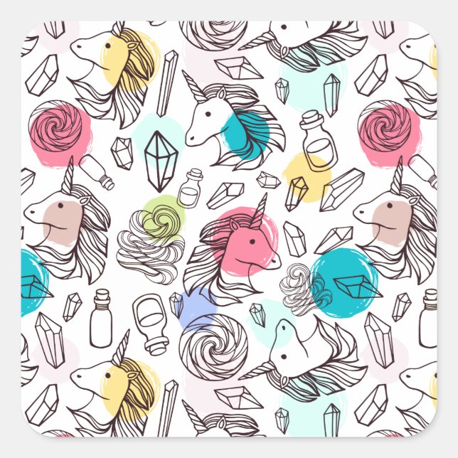 Adesivo Quadrado Padrão Bonito de Unicórnio (Frente)