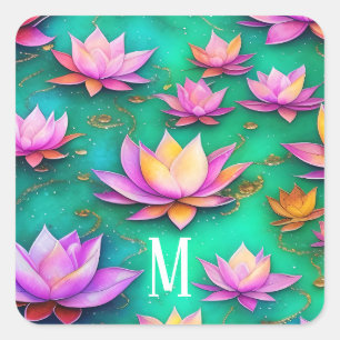 Adesivo Quadrado Padrão Bonito Whimsical Pink Lotus Flower