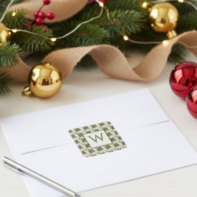 Adesivo Quadrado Padrão Botânico de Inverno em Aquarela (Holiday monogram sticker)