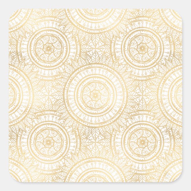 Adesivo Quadrado Padrão Branco Elegante Dourado de Mandala Girassol (Frente)