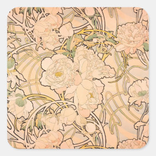 Adesivo Quadrado Padrão Clássico de Jardim de Peônia Art Nouveau po