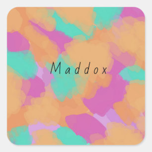 Adesivo Quadrado Padrão Colorido Moderno de Artista + Nome Personal