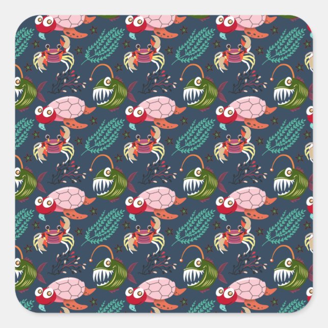 Adesivo Quadrado Padrão de animais aquáticos | vida submarina do oc (Frente)