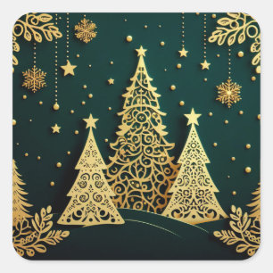 Adesivo Quadrado Padrão de Árvore de Natal Dourada Elegante